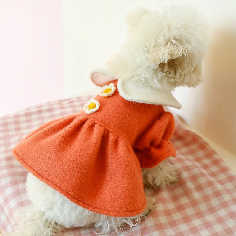Winter Pet Dog Clothes Warm Dress Princess Puppy Doll Collar Flower Woolen Skirt Cold Tutu Coat Dress For Small Dogs Pet Apparel