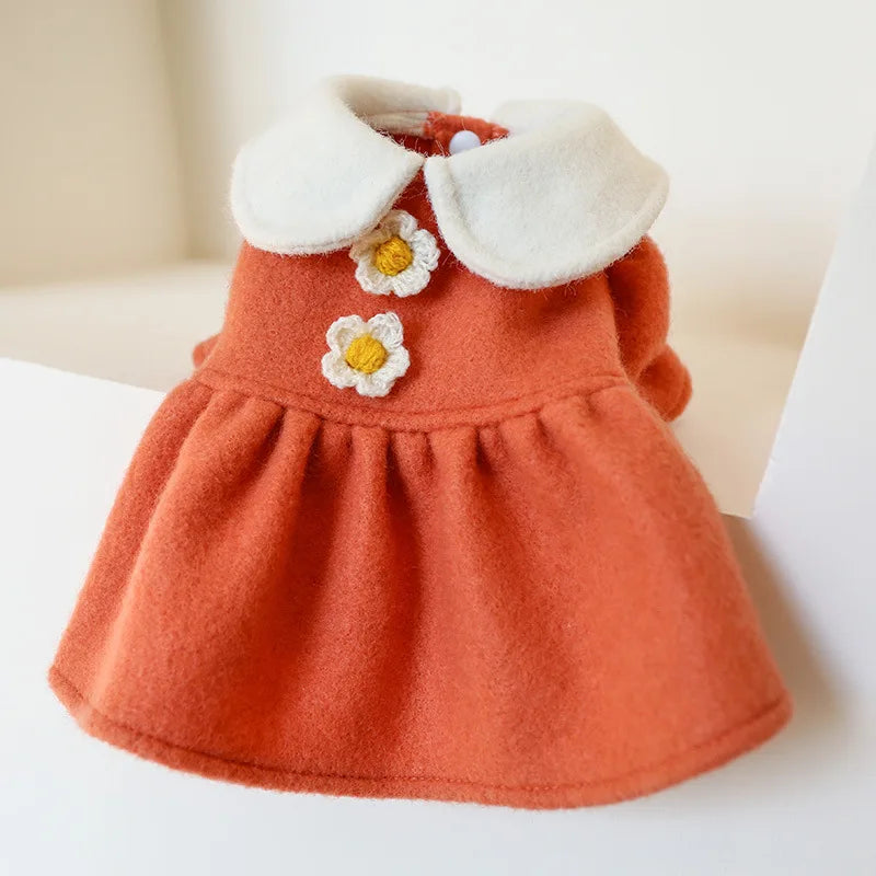 Winter Pet Dog Clothes Warm Dress Princess Puppy Doll Collar Flower Woolen Skirt Cold Tutu Coat Dress For Small Dogs Pet Apparel