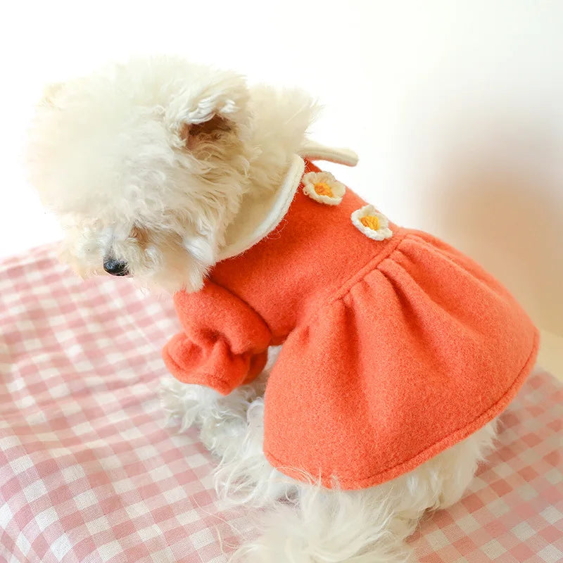 Winter Pet Dog Clothes Warm Dress Princess Puppy Doll Collar Flower Woolen Skirt Cold Tutu Coat Dress For Small Dogs Pet Apparel