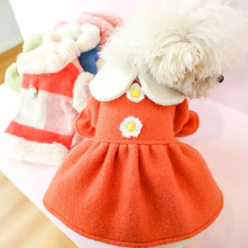 Winter Pet Dog Clothes Warm Dress Princess Puppy Doll Collar Flower Woolen Skirt Cold Tutu Coat Dress For Small Dogs Pet Apparel