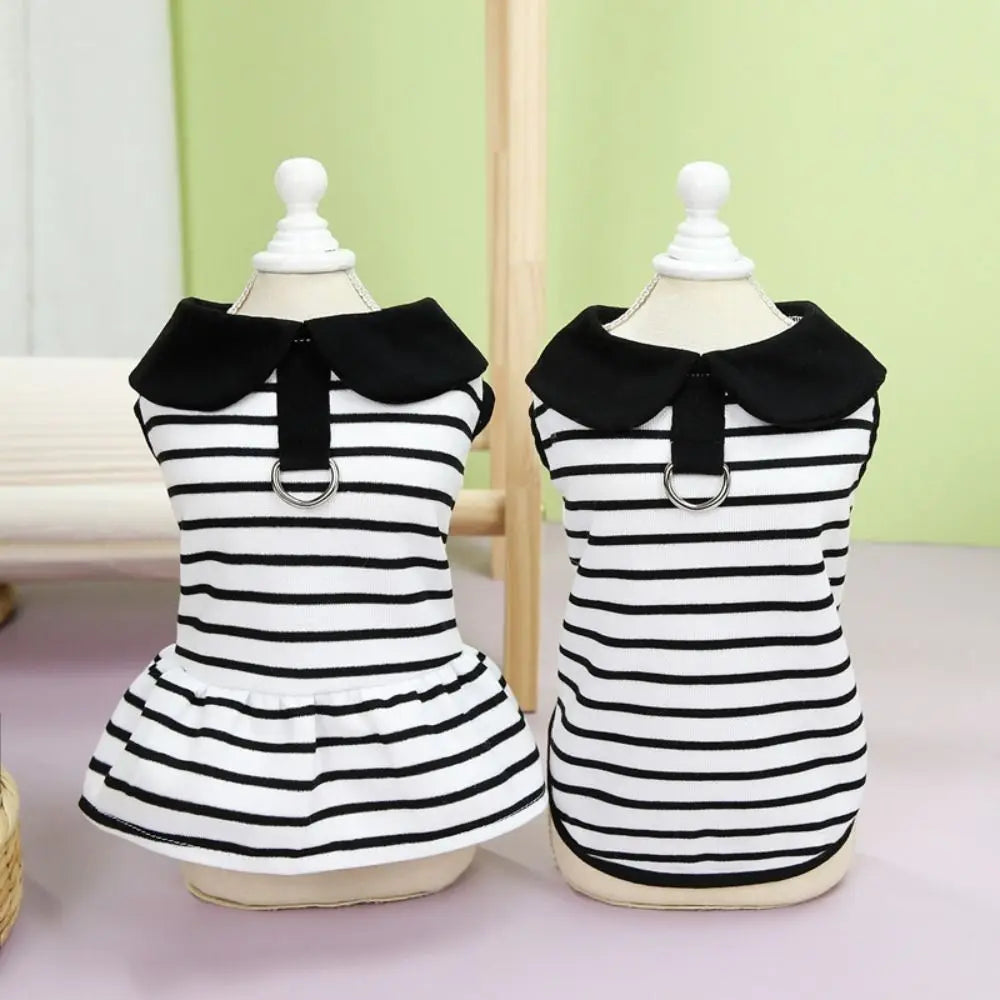 Pet Couple Outfits Cute Dog Striped T-shirts Soft Breathable Pet Skirt Thin Design Cat Lapel Dresses for Puppy Kittens