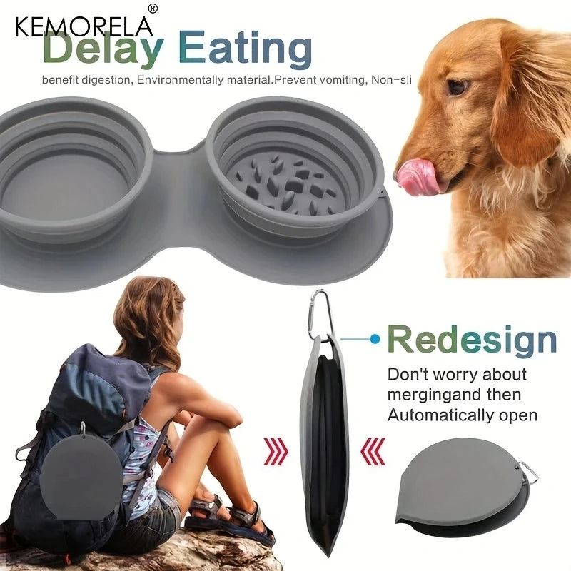 Dog Portable Bowl Outdoor Pet Food Double Bowls Foldable Non-Slip Anti-Choking Slowly Feed Silicone Cat Travel Bowl Pet Supplies