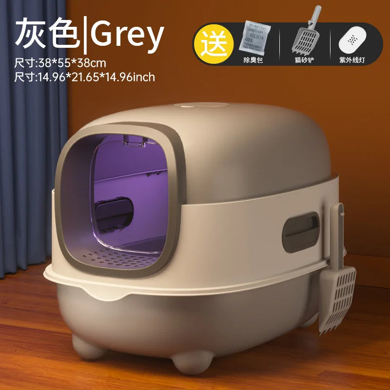 Extra-large fully enclosed cat litter box with anti-splash function, sterilization and deodorization, suitable for pets.