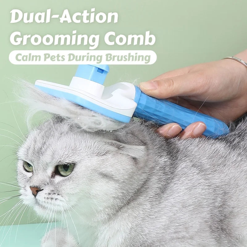 One-Push Pet Grooming Brush: Shedding Tool with Stainless Steel Teeth & Round Head - Hair Removal & Massage Comb for Furry Pets