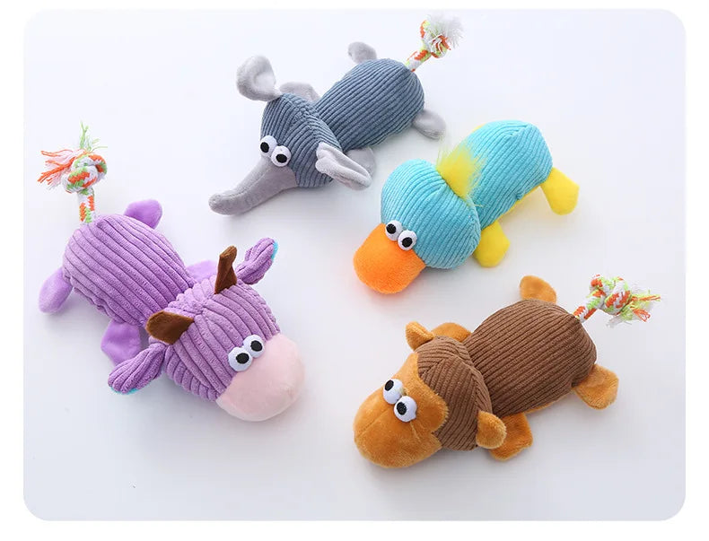 Plush Squeaky Dog Toys with Knotted Tails Soft Animal Chew Toys for Puppies Teething Safe Fun Interactive Play Pet Molar Toy