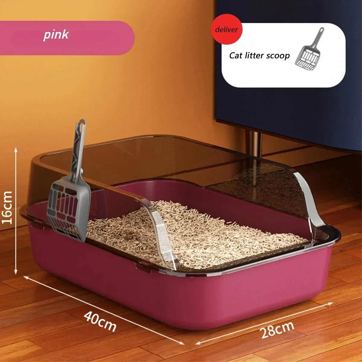 Cat Litter Box Semi Enclosed Design with High Fence Open Top Tray Easy to Clean Durable Kitty Sandbox with Scoop Pet Toilet