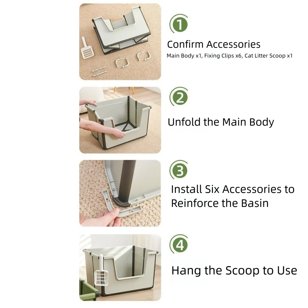 Large Capacity Foldable Cat Litter Box High Sides Splashproof Semi-Closed Litter Box with Scoop Removable Scoop Low Entry