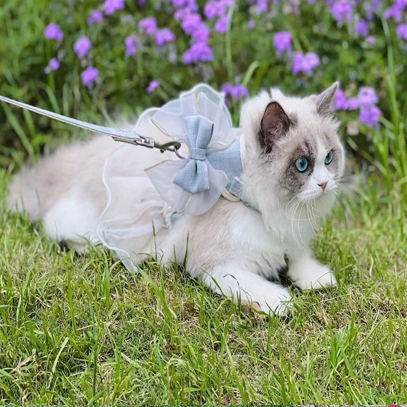 Cute Bowknot Pet Harness Leash Princess Cat Dress Costumes Nylon Kittten Dress Puppy Harness For Rabbit Teddy Cats Clothes