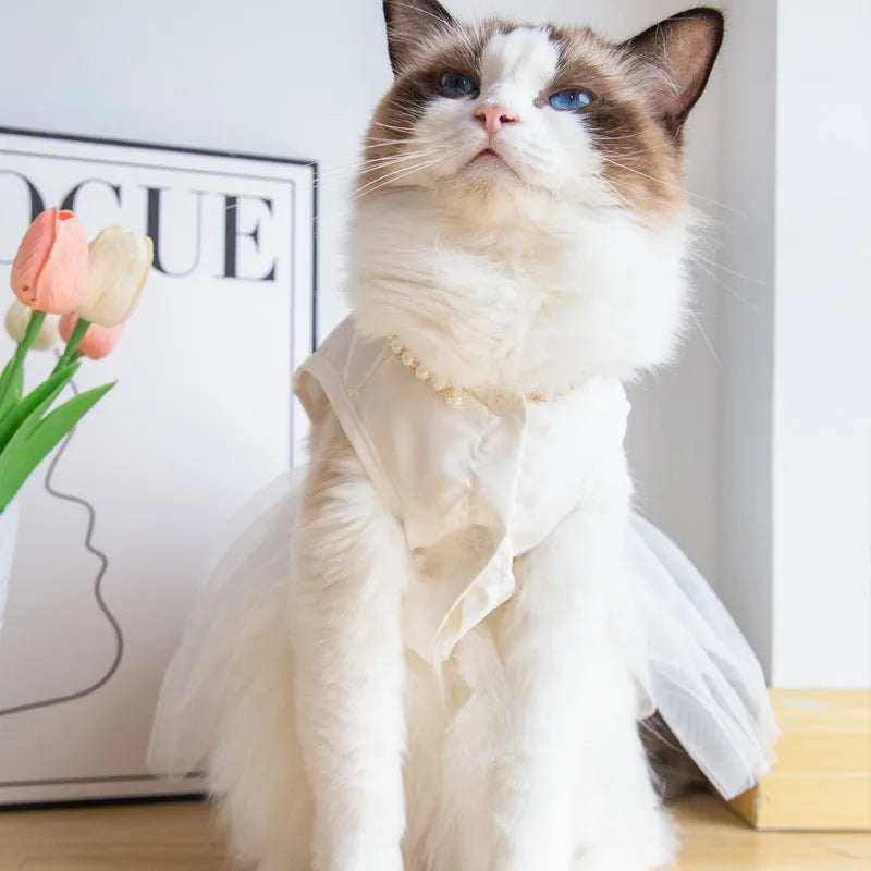 Pet Wedding Clothing Cat Spring Summer Thin White Retro Flower Dress Princess Wedding Dress Suitable for Small and Medium Dogs