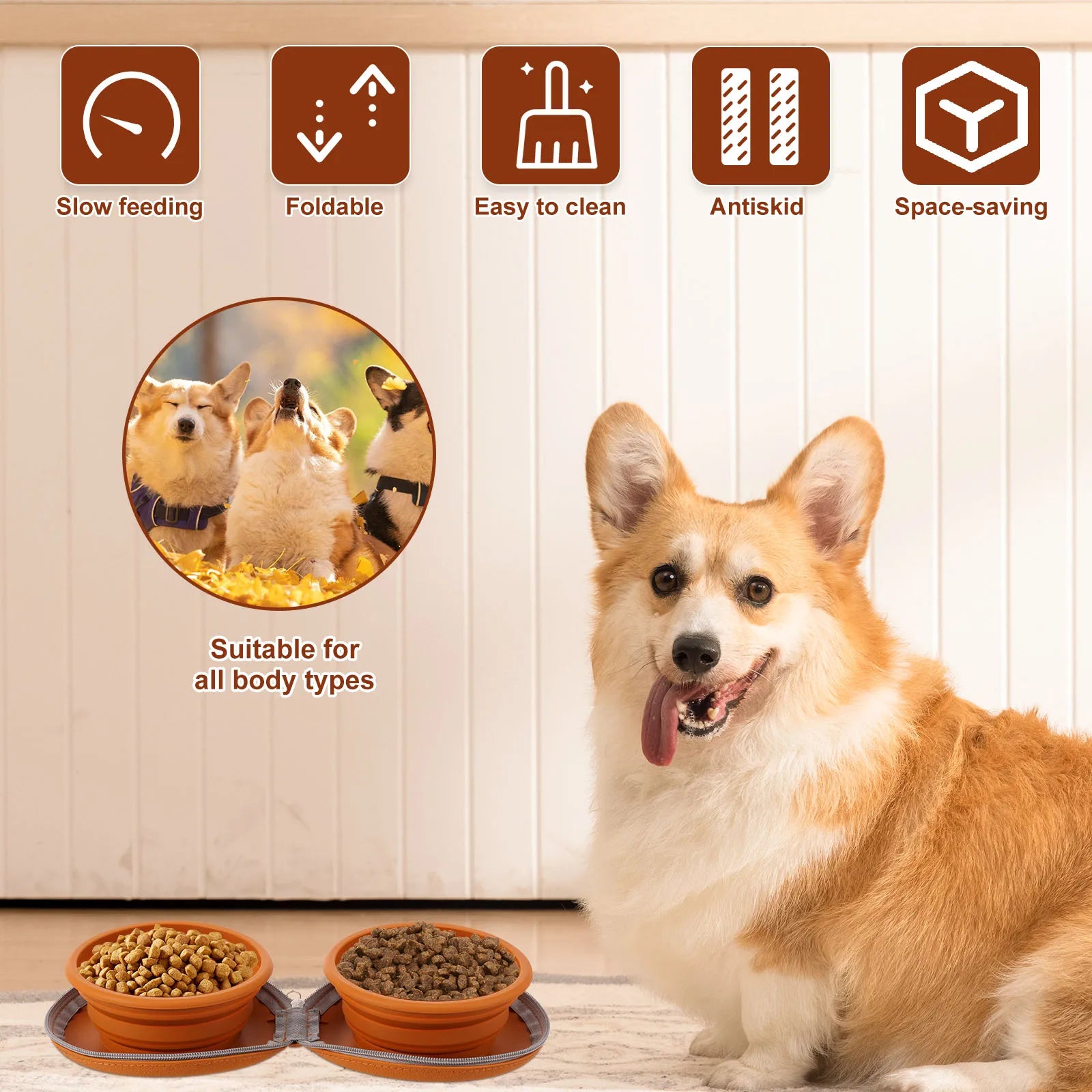 Foldable Pet Bowl Silicone Outdoor Portable Dog Bowl with Zipper Collapsible Cat Double Food Water Bowl for Walk Travel Camping