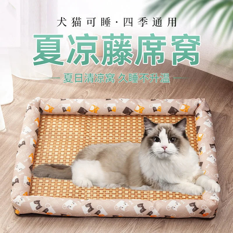 Pet Cat Beds Summer Pet Cooling Mat Pad Lightweight Breathable Rattan Pet Bed Cooling Ice Nest for Small Animal Dogs Mat