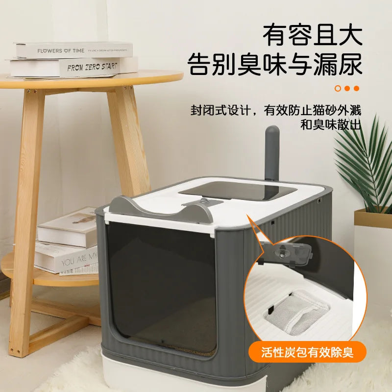 Extra Large Enclosed Cat Litter Box Top Entry Litter Tray with Drawer Design Anti Splash Hooded Toilet with Odor Sealing