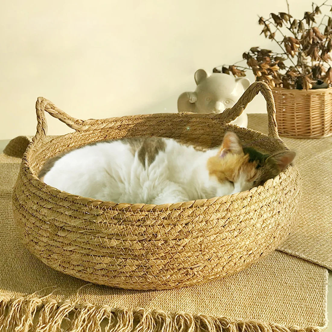 Cat Bed House Dog Kennel Rattan Straw Plaited Kitten Cushion Basket Tent Scratching Board Puppy Cave Nest Mat Indoor Pet Supply