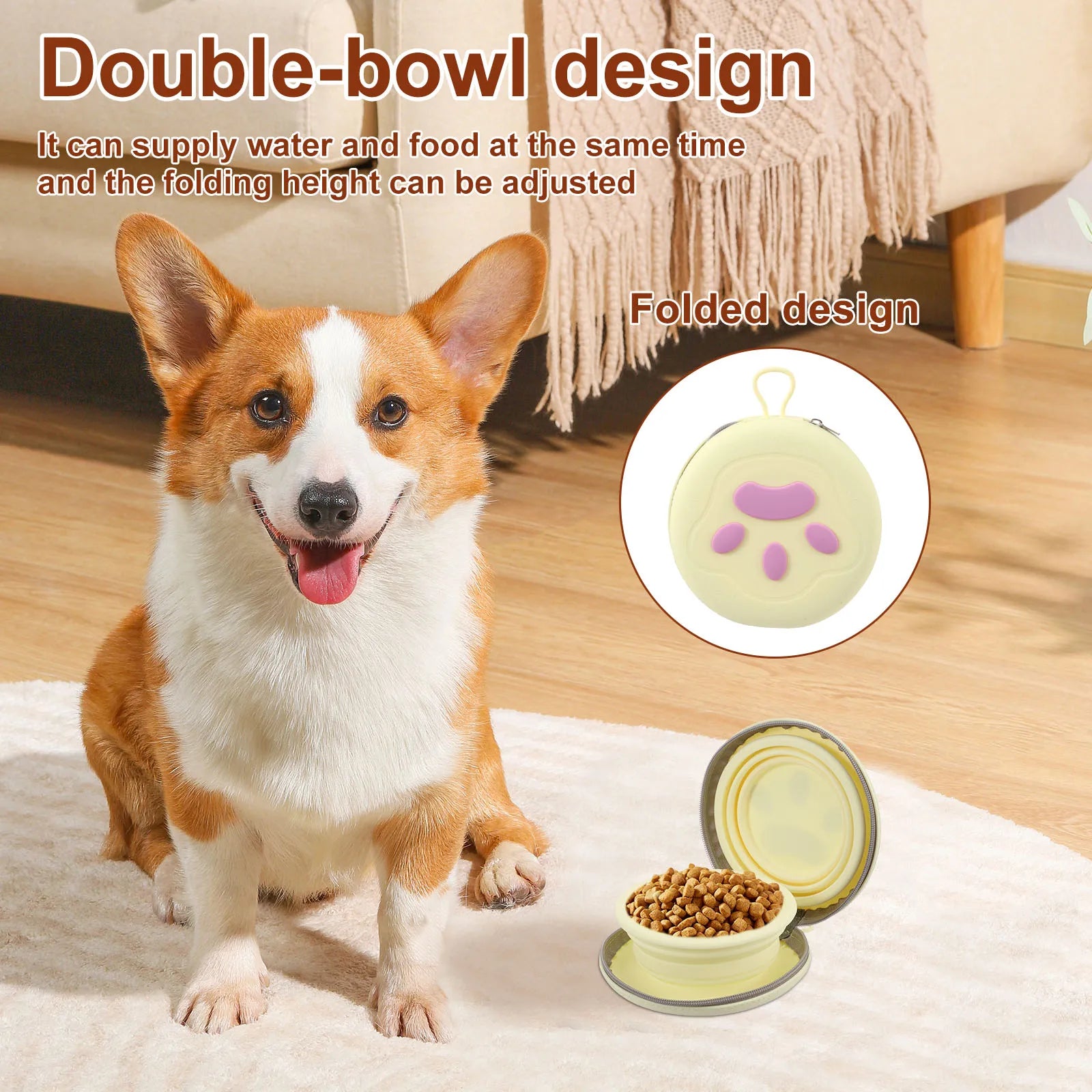 Foldable Pet Bowl Silicone Outdoor Portable Dog Bowl with Zipper Collapsible Cat Double Food Water Bowl for Walk Travel Camping