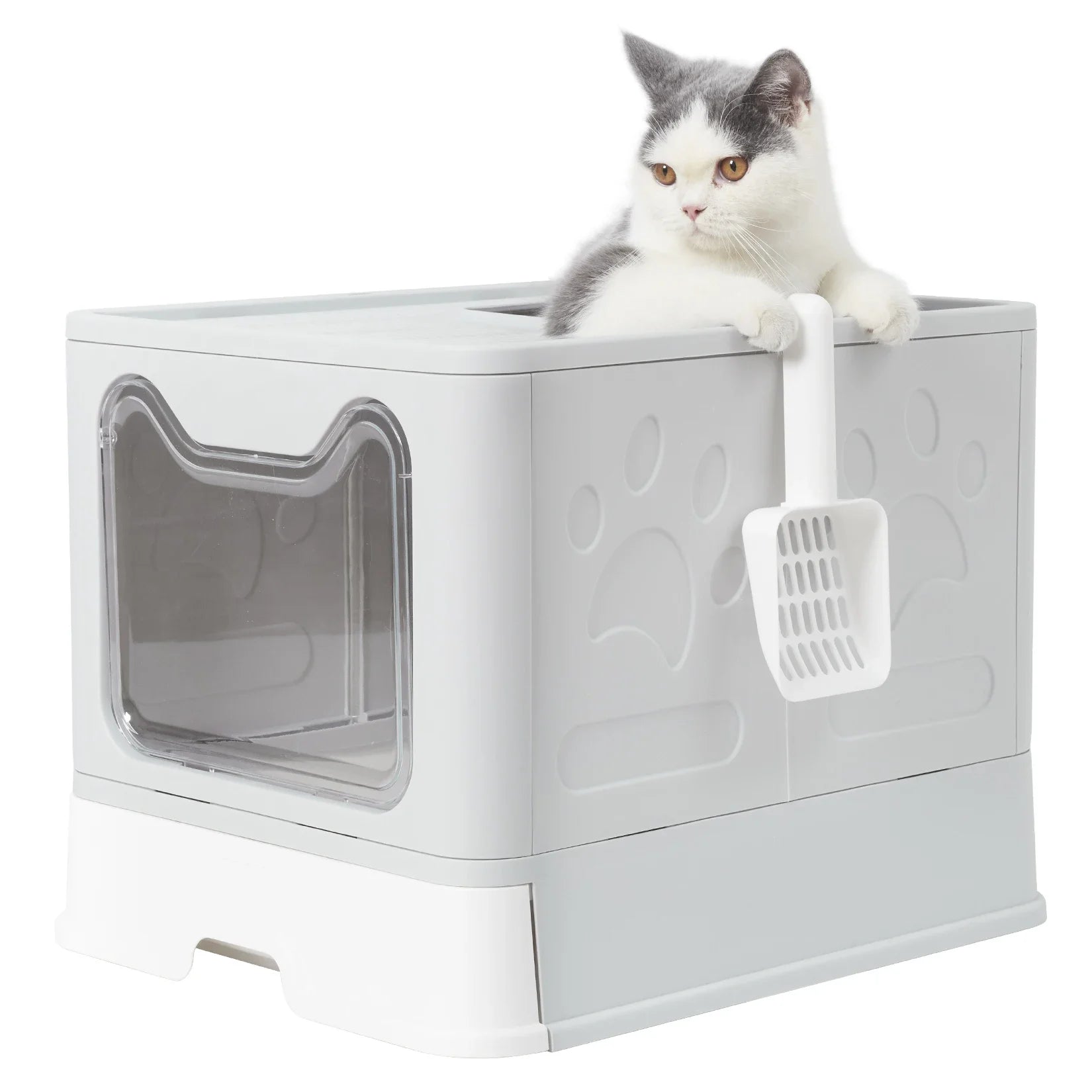 Bingopaw XXL Large Space Foldable Cat Litter Box with Front Entry & Top Exit with Tray