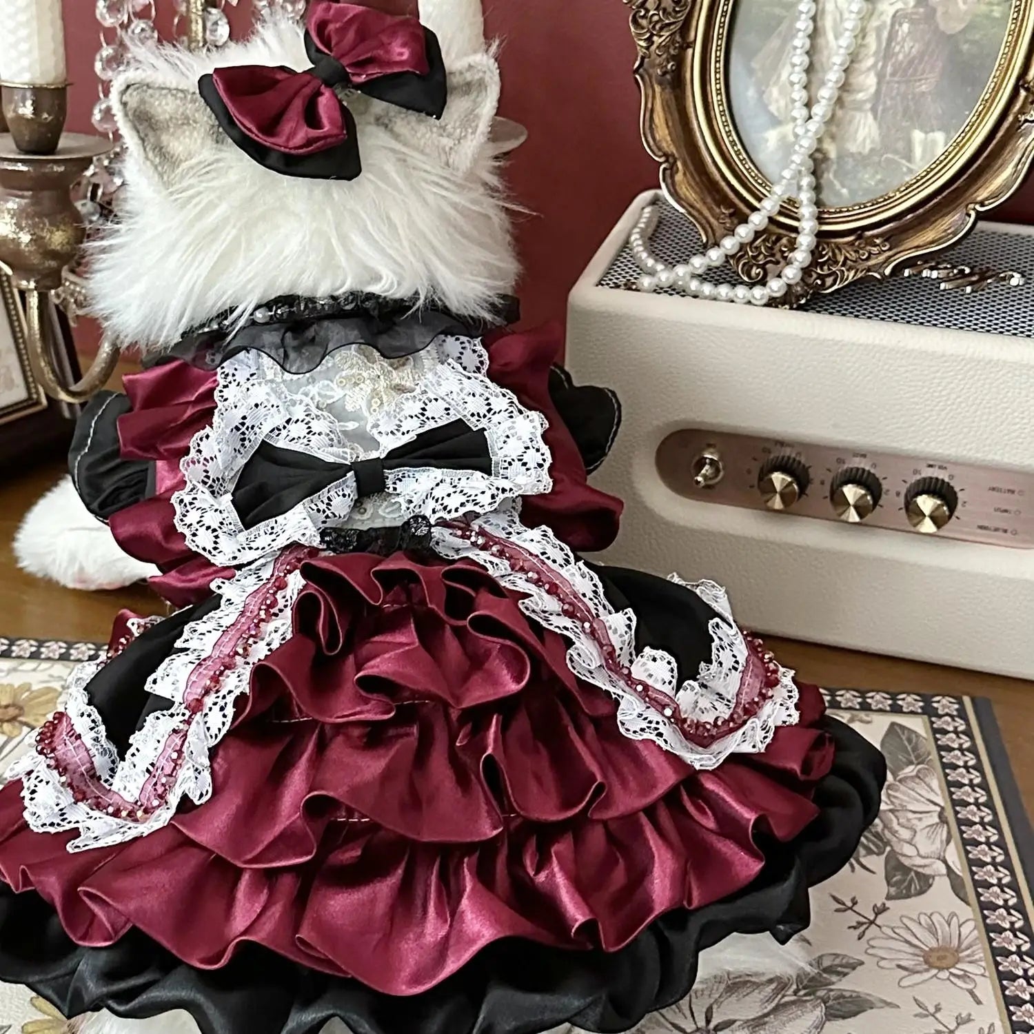 High-end Luxury Deep Red Pet Dog Clothes Fashion Handmade Lace Bow Cake Dresses For Small Medium Dog Party Home Wear Puppy Skirt