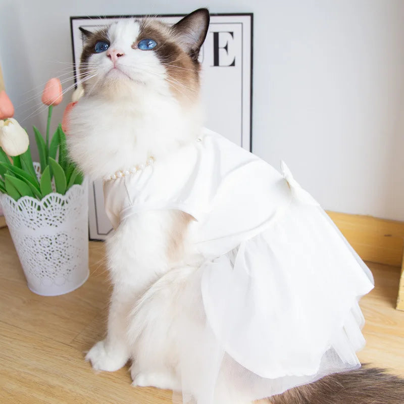 Pet Wedding Clothing Cat Spring Summer Thin White Retro Flower Dress Princess Wedding Dress Suitable for Small and Medium Dogs