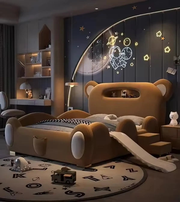 Kid Parapet Beds New Bear Design Bed Cute Double Boy Girl Baby Bed With Stairs Slide Storage Child Bedroom Furniture Wholesale