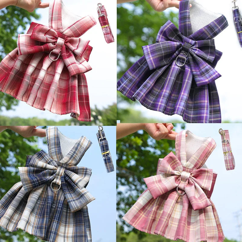 Bow Puppy Cat Dresses Summer Pet Clothes Fashion Plaid JK Dress with Leash Sets for Small Dogs Cats Kitten Clothing ropa gato