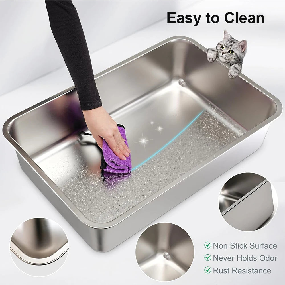 Semi-Enclosed Stainless Steel Cat Litter Box with Lid, Extra Large Cat Litter Box with Cat Shovel (Suitable for Large Cats) XL Metal Litter Box Tray, High Wall Closed on Both Sides, Anti-Stick and Leak-Proof, Easy to Clean -