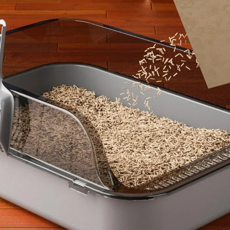 Cat Litter Box Semi Enclosed Design with High Fence Open Top Tray Easy to Clean Durable Kitty Sandbox with Scoop Pet Toilet