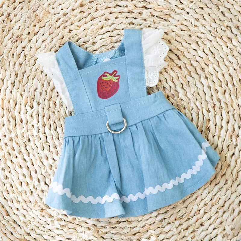 Denim Dog Princess Dress Fashion Dog Clothes Cute Strawberry Puppy Dress Cat Flying Sleeves Skirt Pet Costumes Chihuahua Dress