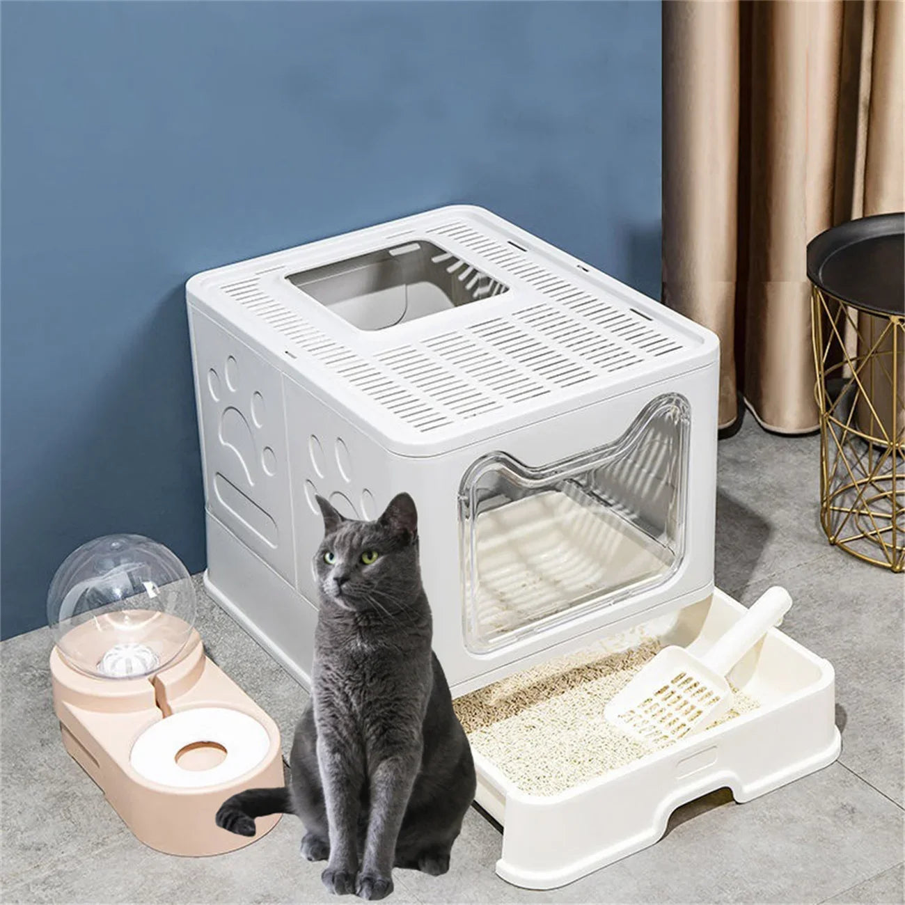Bingopaw XXL Large Space Foldable Cat Litter Box with Front Entry & Top Exit with Tray