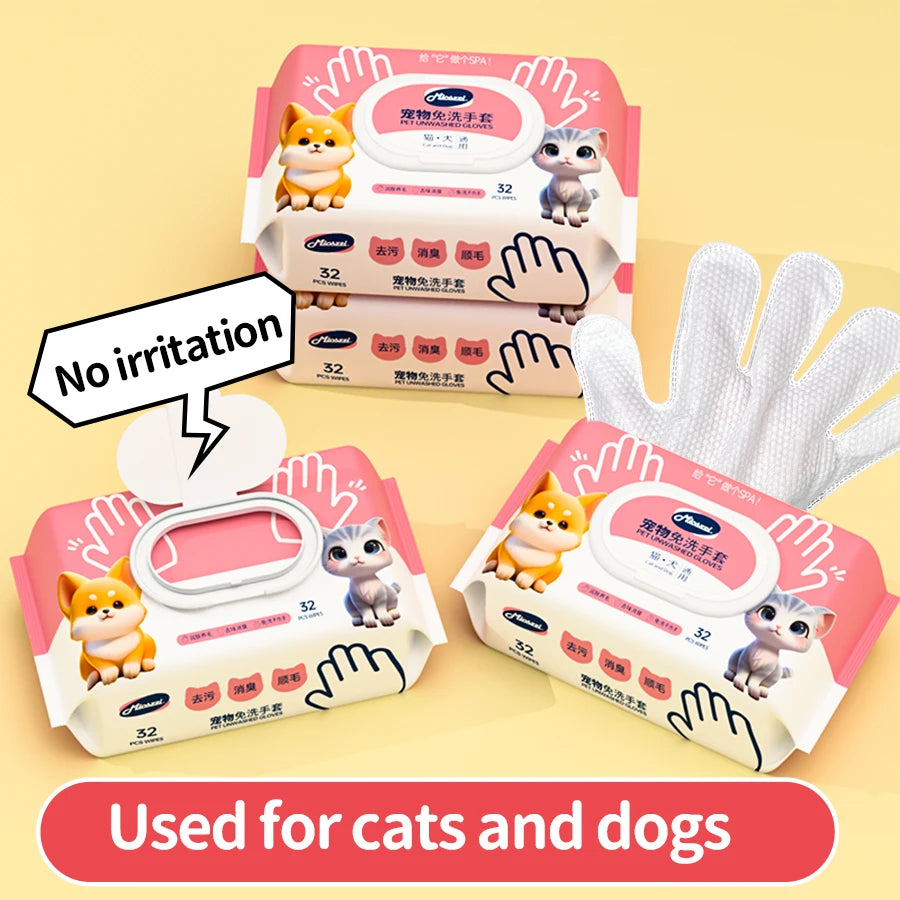 Pet Cleaning Gloves with Wipes 50Pcs ，2-in-1 Scrubber & Massager ，Dog Cat Grooming