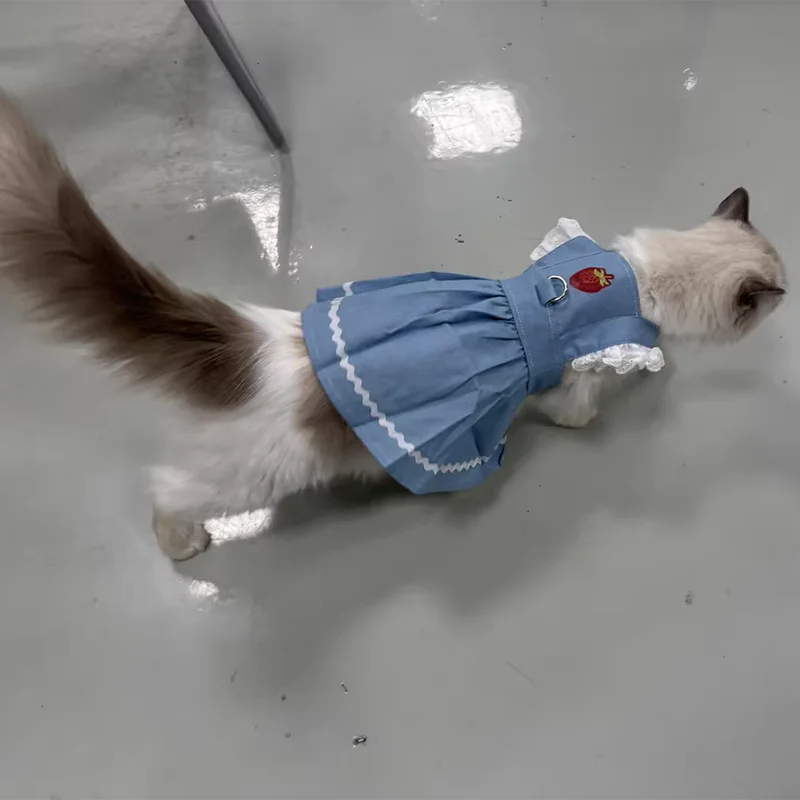 Denim Dog Princess Dress Fashion Dog Clothes Cute Strawberry Puppy Dress Cat Flying Sleeves Skirt Pet Costumes Chihuahua Dress