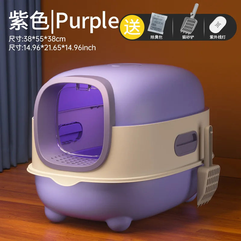 Extra-large fully enclosed cat litter box with anti-splash function, sterilization and deodorization, suitable for pets.