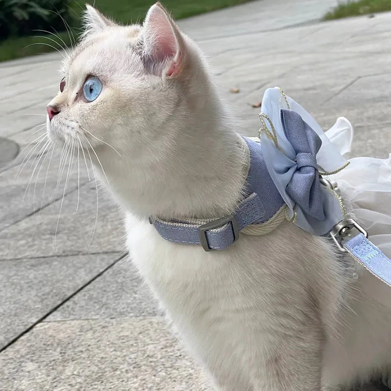 Cute Bowknot Pet Harness Leash Princess Cat Dress Costumes Nylon Kittten Dress Puppy Harness For Rabbit Teddy Cats Clothes