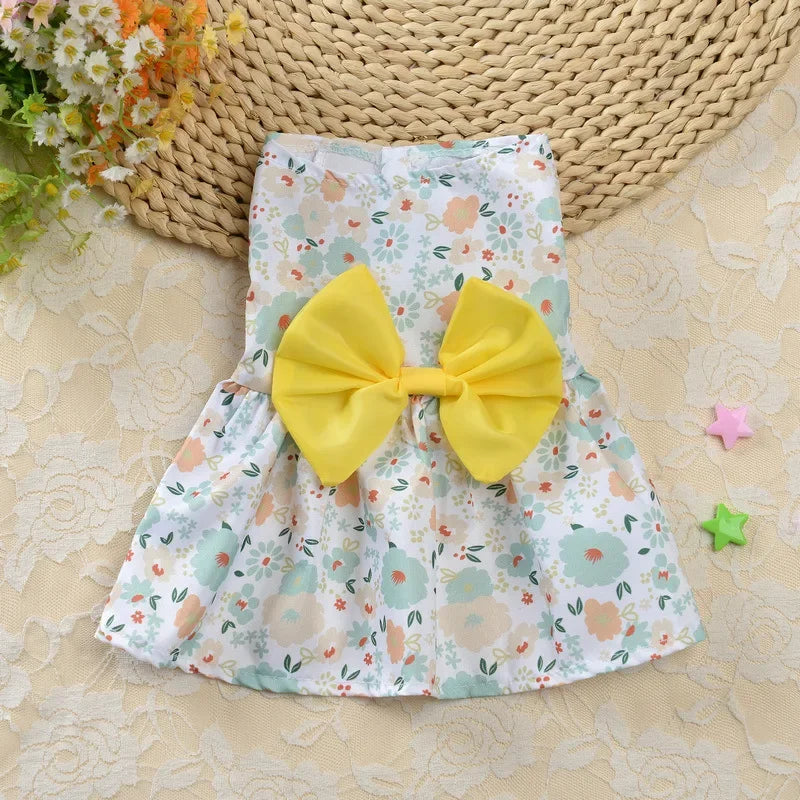 Thin Pet Dress for Dogs Cats - Cute Floral Print Princess Dress with Bow, New Style Puppy Skirt for Teddy Small Pets