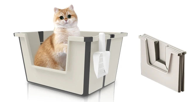 Tall Open Top Cat Litter Box with High Sides and Scoop Portable and Foldable Large Size for Multiple Cats or Big Cat Home Use