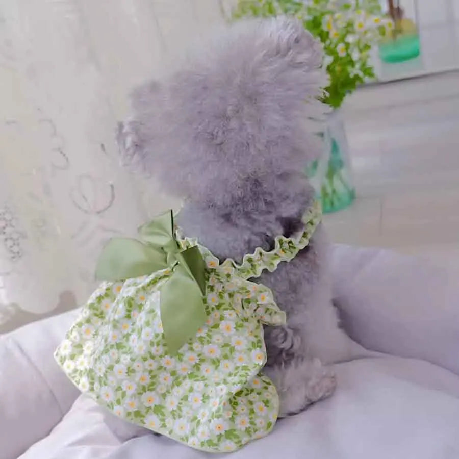 1pc Pet Dress Romantic Style Dog Summer Dress Cat Skirt With Green Floral Print, Small Dog Clothes Pet Clothing Chihuahua Skirt