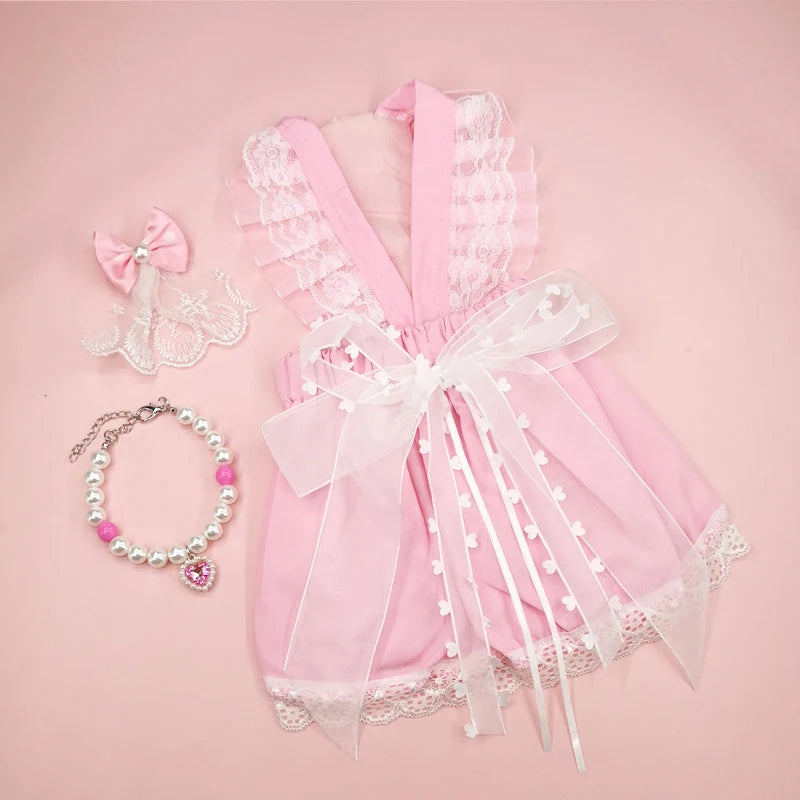 Pet White Wedding Dress Dogs Skirts Teddy Yarn Skirt Female Dog Dress Cat Princess Dress With Headflower Necklace Pet Costume