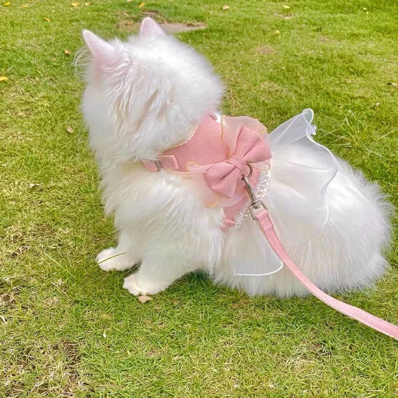 Cute Bowknot Pet Harness Leash Princess Cat Dress Costumes Nylon Kittten Dress Puppy Harness For Rabbit Teddy Cats Clothes