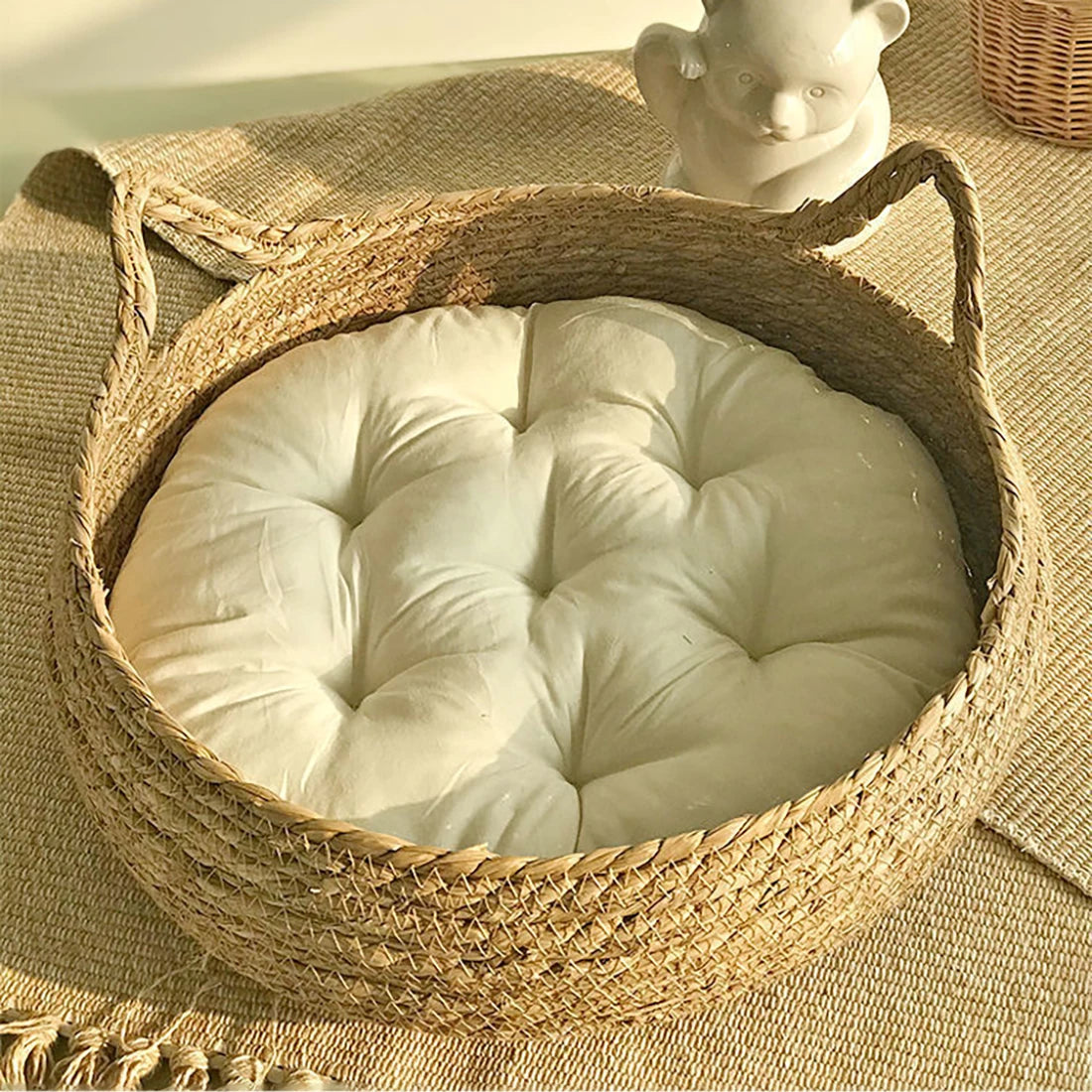 Cat Bed House Dog Kennel Rattan Straw Plaited Kitten Cushion Basket Tent Scratching Board Puppy Cave Nest Mat Indoor Pet Supply