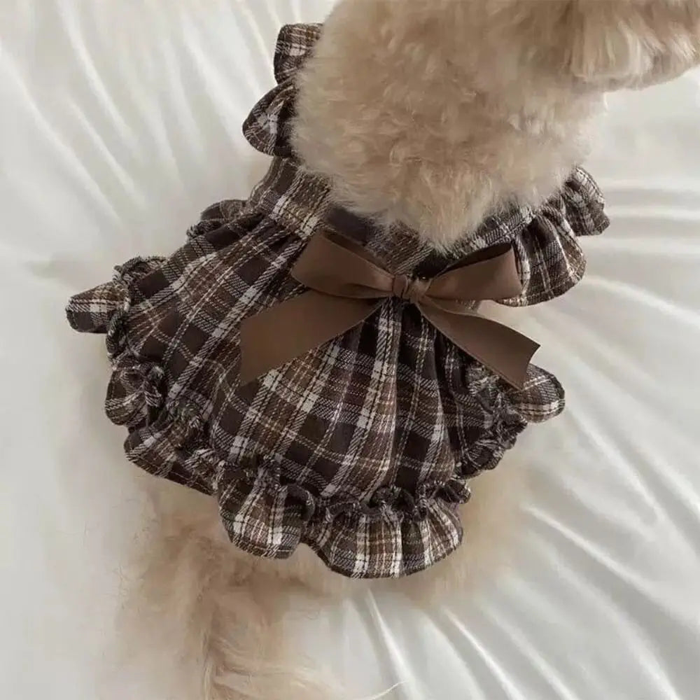 Retro Pet Plaid Strap Skirt Breathable Thin Design Dog Vest Dresses Flying Sleeve Soft Cat Plaid Pleated Shirt For Puppy Kittens