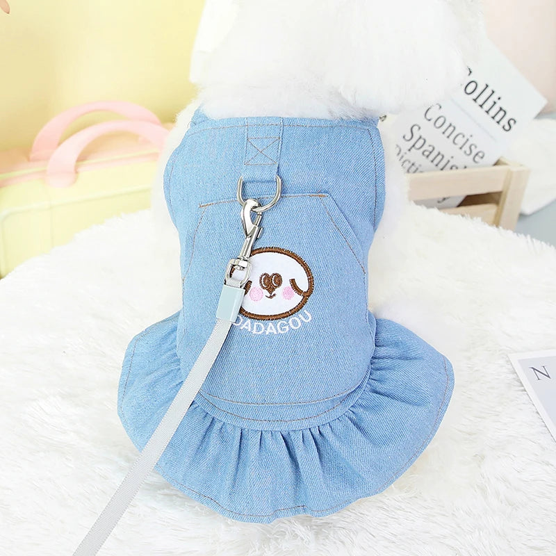 Pet Denim Dress for Dog Small Dog Clothes Cowboy Dress Sundress with Leash Ring Spring Summer Soft Sweet Skirt Pet Costume
