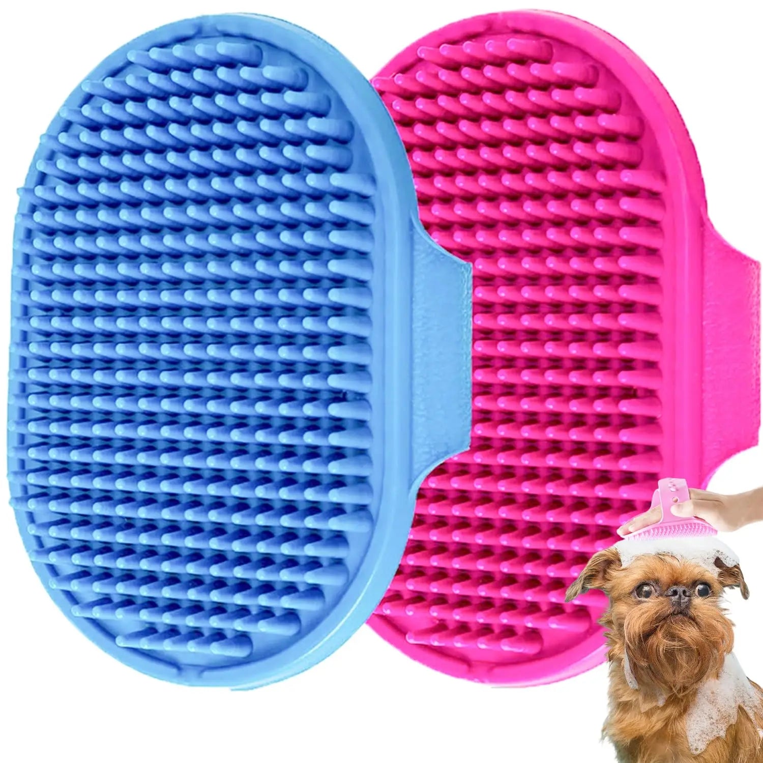 Dog Grooming Glove, Pet Bath Brush with Adjustable Ring Handle, Rubber Massage Grooming Comb for Short Haired Dogs Cats