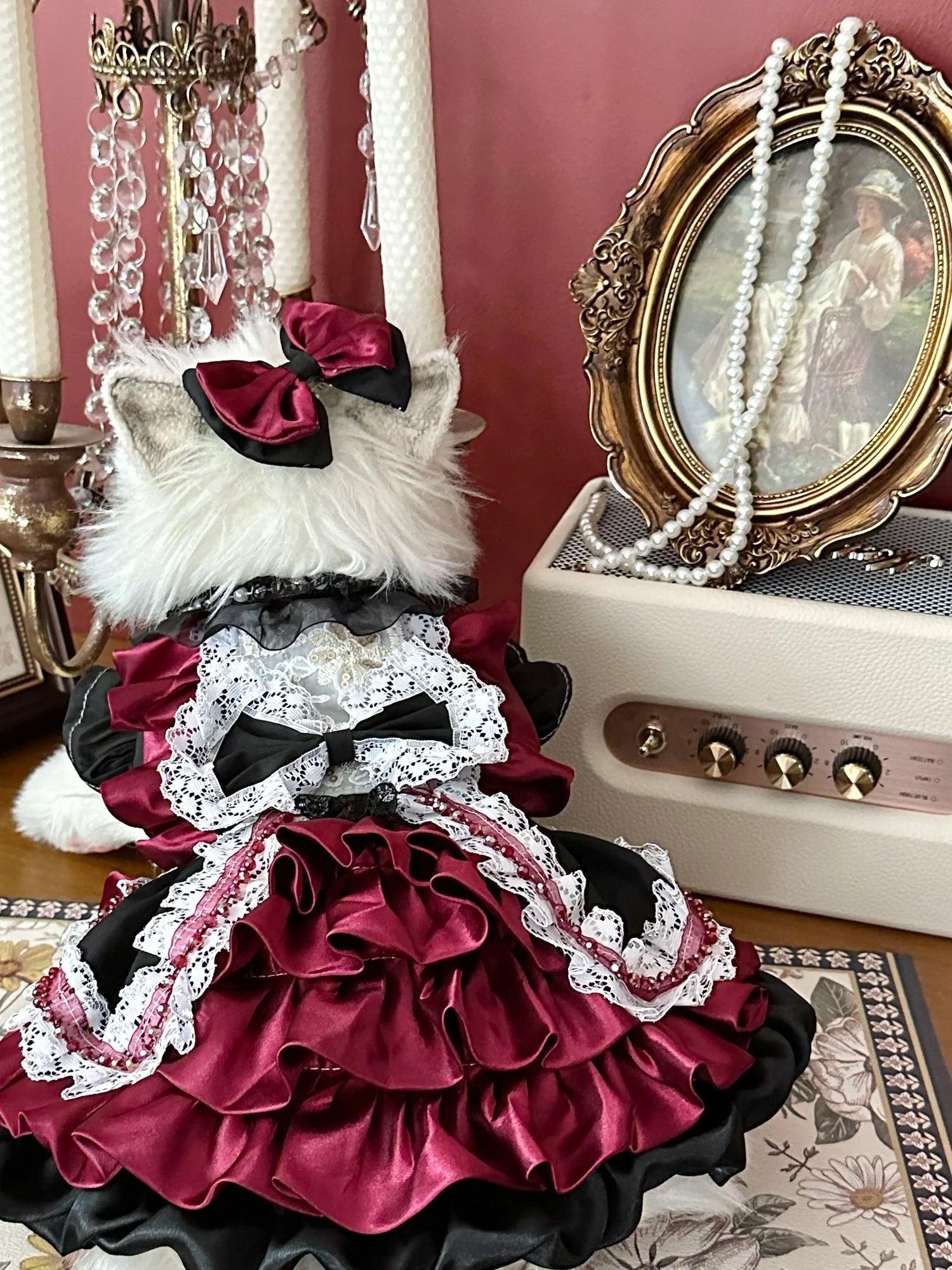 High-end Luxury Deep Red Pet Dog Clothes Fashion Handmade Lace Bow Cake Dresses For Small Medium Dog Party Home Wear Puppy Skirt