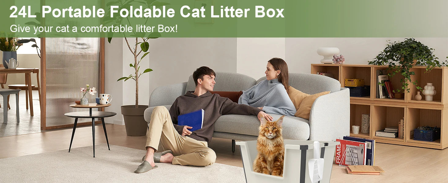 Tall Open Top Cat Litter Box with High Sides and Scoop Portable and Foldable Large Size for Multiple Cats or Big Cat Home Use