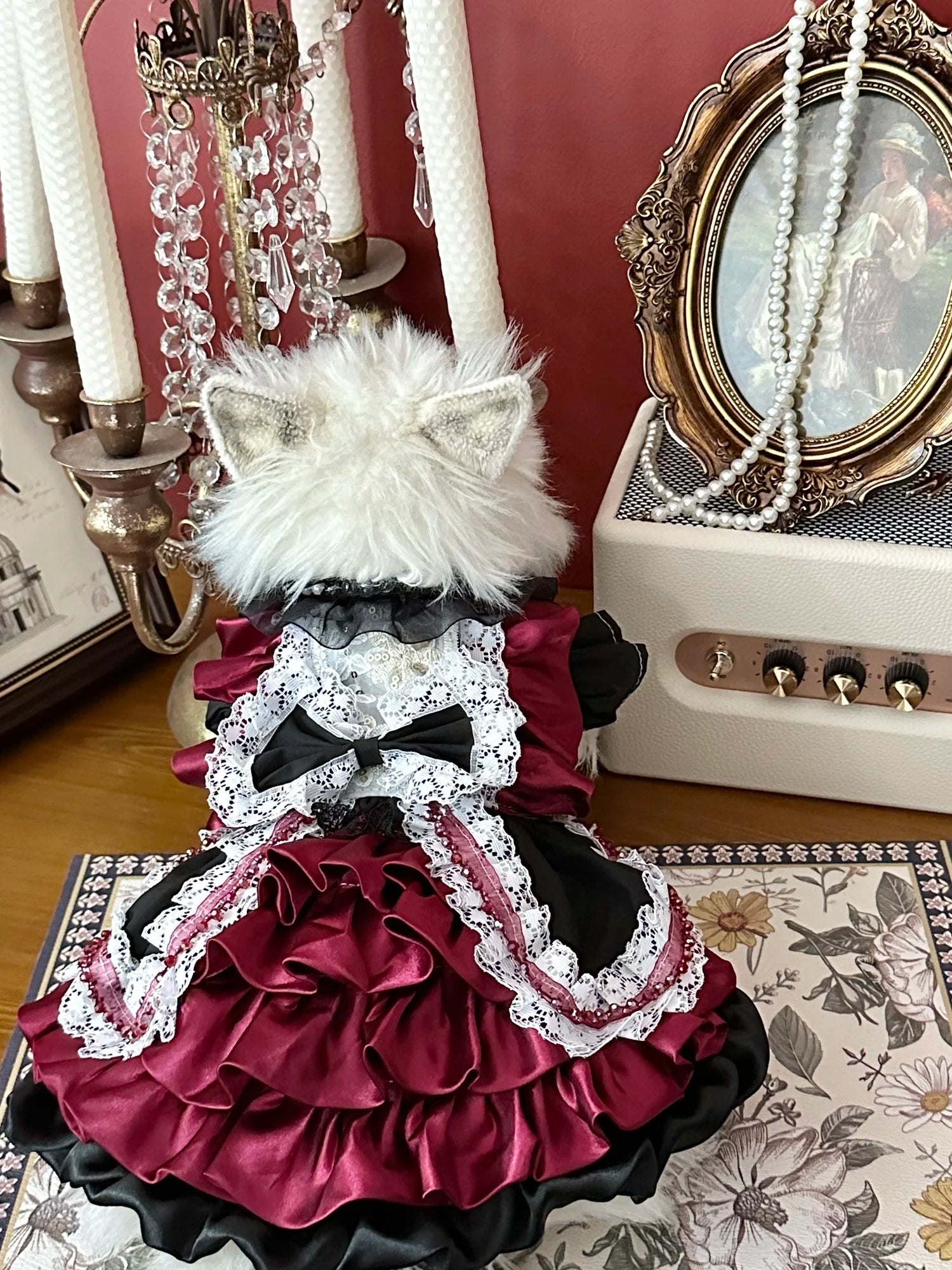 High-end Luxury Deep Red Pet Dog Clothes Fashion Handmade Lace Bow Cake Dresses For Small Medium Dog Party Home Wear Puppy Skirt
