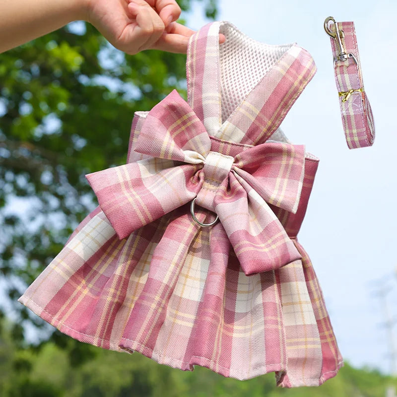 Bow Puppy Cat Dresses Summer Pet Clothes Fashion Plaid JK Dress with Leash Sets for Small Dogs Cats Kitten Clothing ropa gato