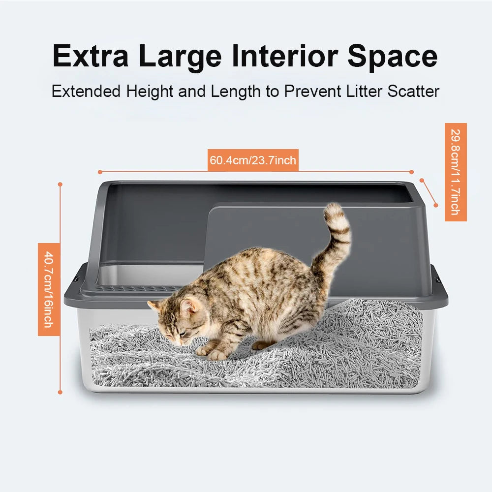 Semi-Enclosed Stainless Steel Cat Litter Box with Lid, Extra Large Cat Litter Box with Cat Shovel (Suitable for Large Cats) XL Metal Litter Box Tray, High Wall Closed on Both Sides, Anti-Stick and Leak-Proof, Easy to Clean -