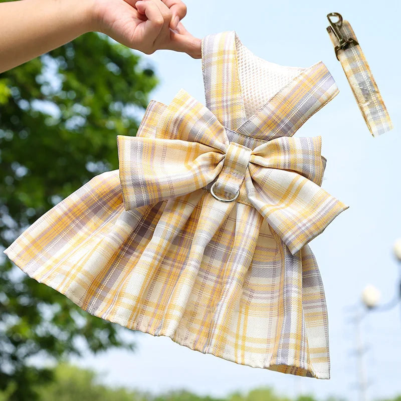 Bow Puppy Cat Dresses Summer Pet Clothes Fashion Plaid JK Dress with Leash Sets for Small Dogs Cats Kitten Clothing ropa gato