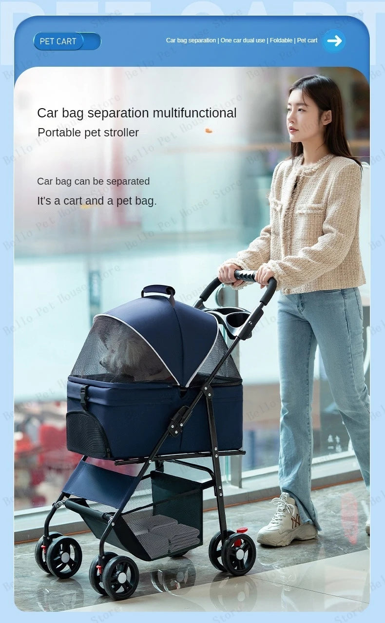 Portable Outdoor Pet Stroller Foldable and Separable Travel Pet Stroller Large Basket Pet Bag Cat and Dog Supplies