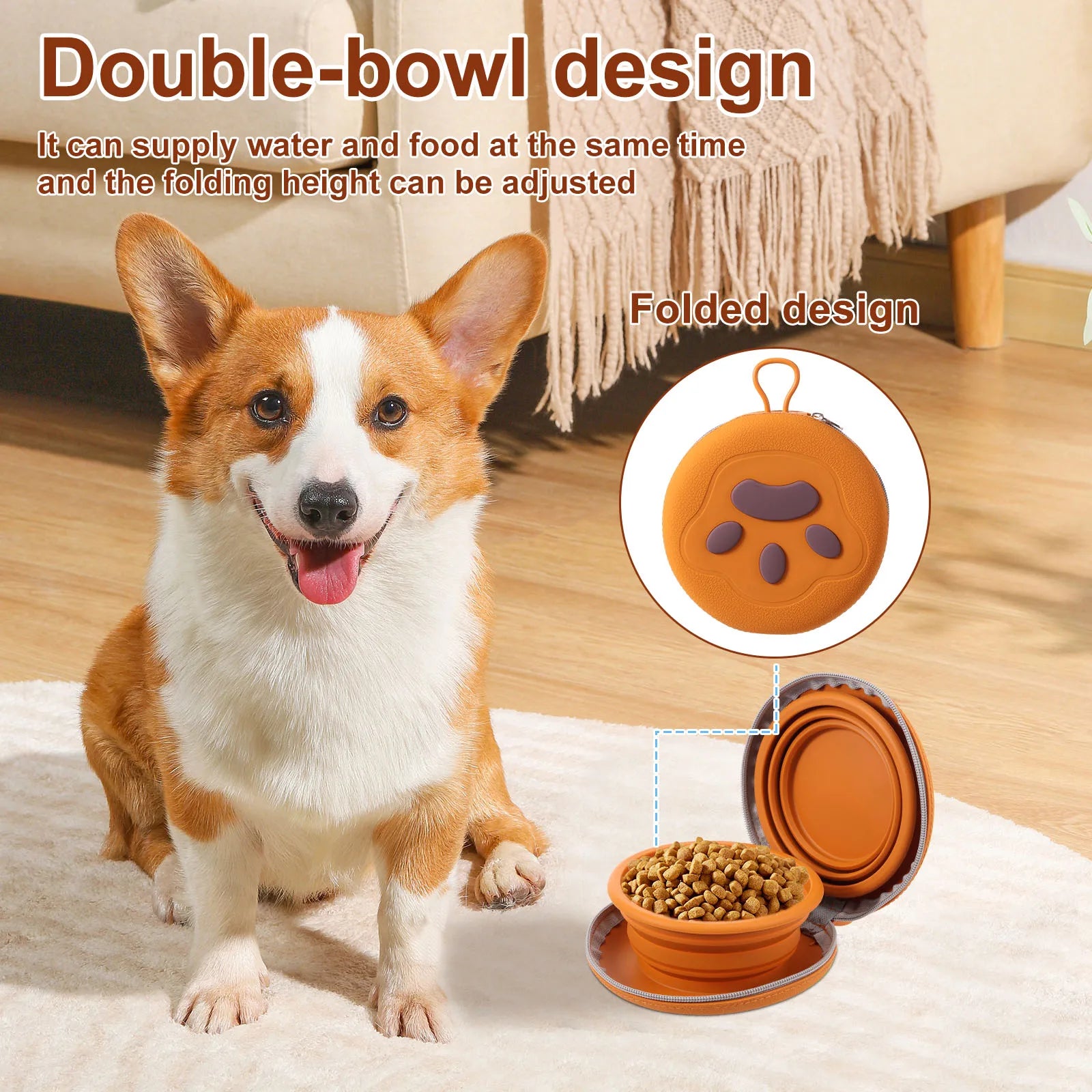 Foldable Pet Bowl Silicone Outdoor Portable Dog Bowl with Zipper Collapsible Cat Double Food Water Bowl for Walk Travel Camping