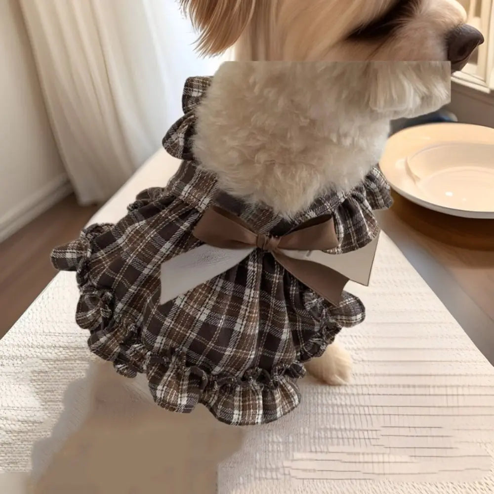 Retro Pet Plaid Strap Skirt Breathable Thin Design Dog Vest Dresses Flying Sleeve Soft Cat Plaid Pleated Shirt For Puppy Kittens