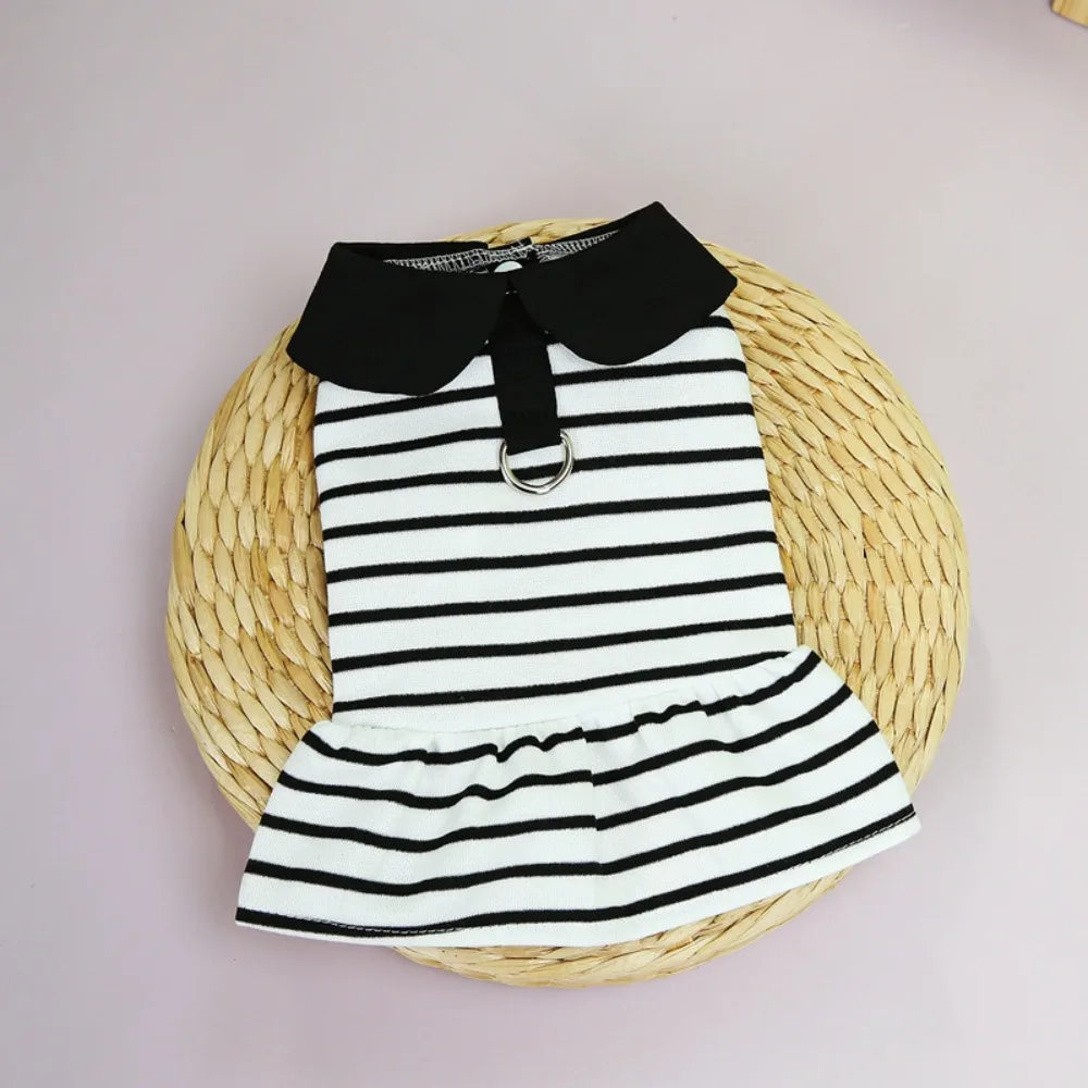 Pet Couple Outfits Cute Dog Striped T-shirts Soft Breathable Pet Skirt Thin Design Cat Lapel Dresses for Puppy Kittens
